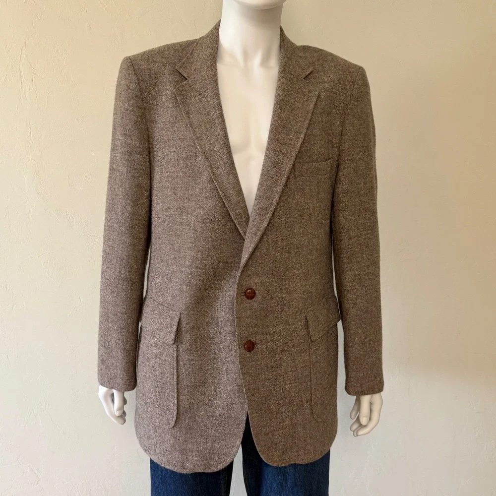 Rare Vintage Levis Mens Brown Tweed 100% Wool Blazer‎ with Leather Buttons 42R